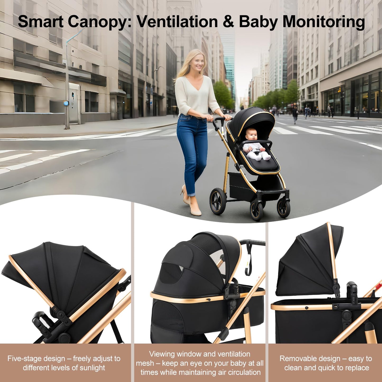 Zkipm Baby Pram 3 in 1, Foldable Baby Stroller,Pram Set Travel with Adjustable-Height Push Handle, Present Rain Cover, Mosquito Net, Bag, Cooling Mat, ect for Ages 0–3