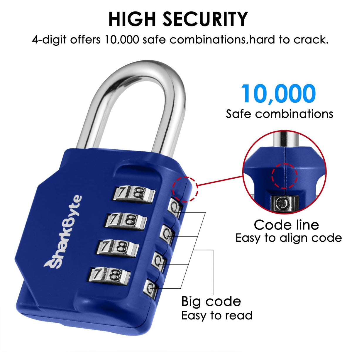 SharkByte Heavy Duty Combination Padlock – 4-Digit Weatherproof Outdoor Lock with Stainless Steel Shackle, Anti-Rust Resettable Code for Gym, School, Locker, Shed, Toolbox, Gate & Warehouse - Red