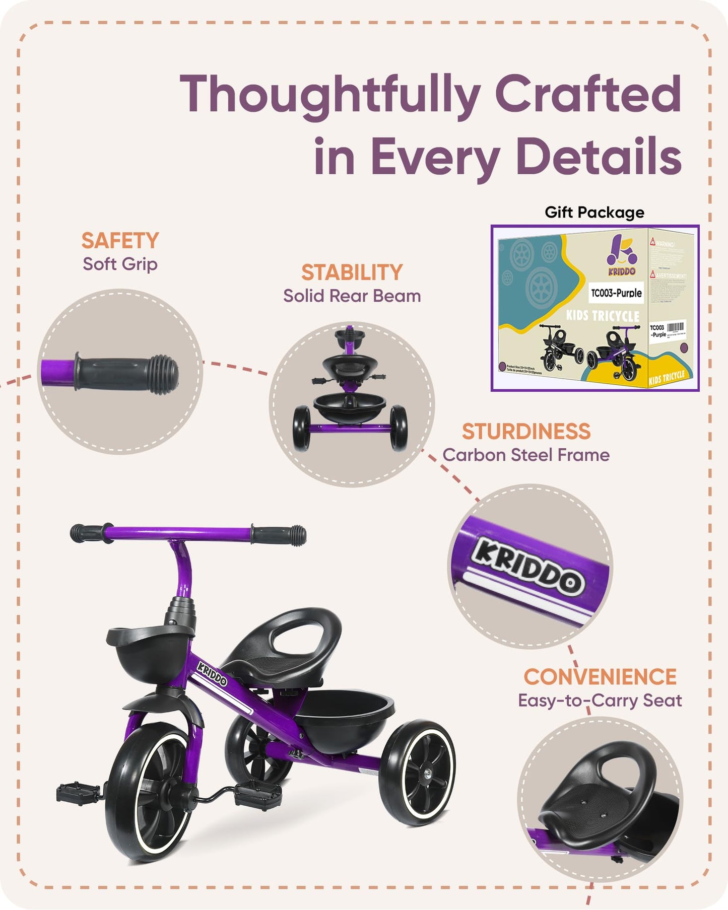 KRIDDO Toddler Tricycle — Anti-Tip Design, BPA-Free | Ages 18 Months to 4 Years | Pink