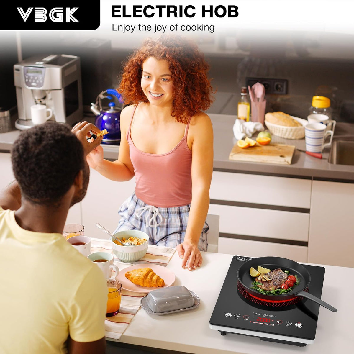VBGK Double Electric Hob, 220V 3600W Ceramic Hob with Handle, Electric Hot Plate with 9 Power Levels, Child Safety Lock, Timer,Knob and Touch Control, 2 Burner Cooktop