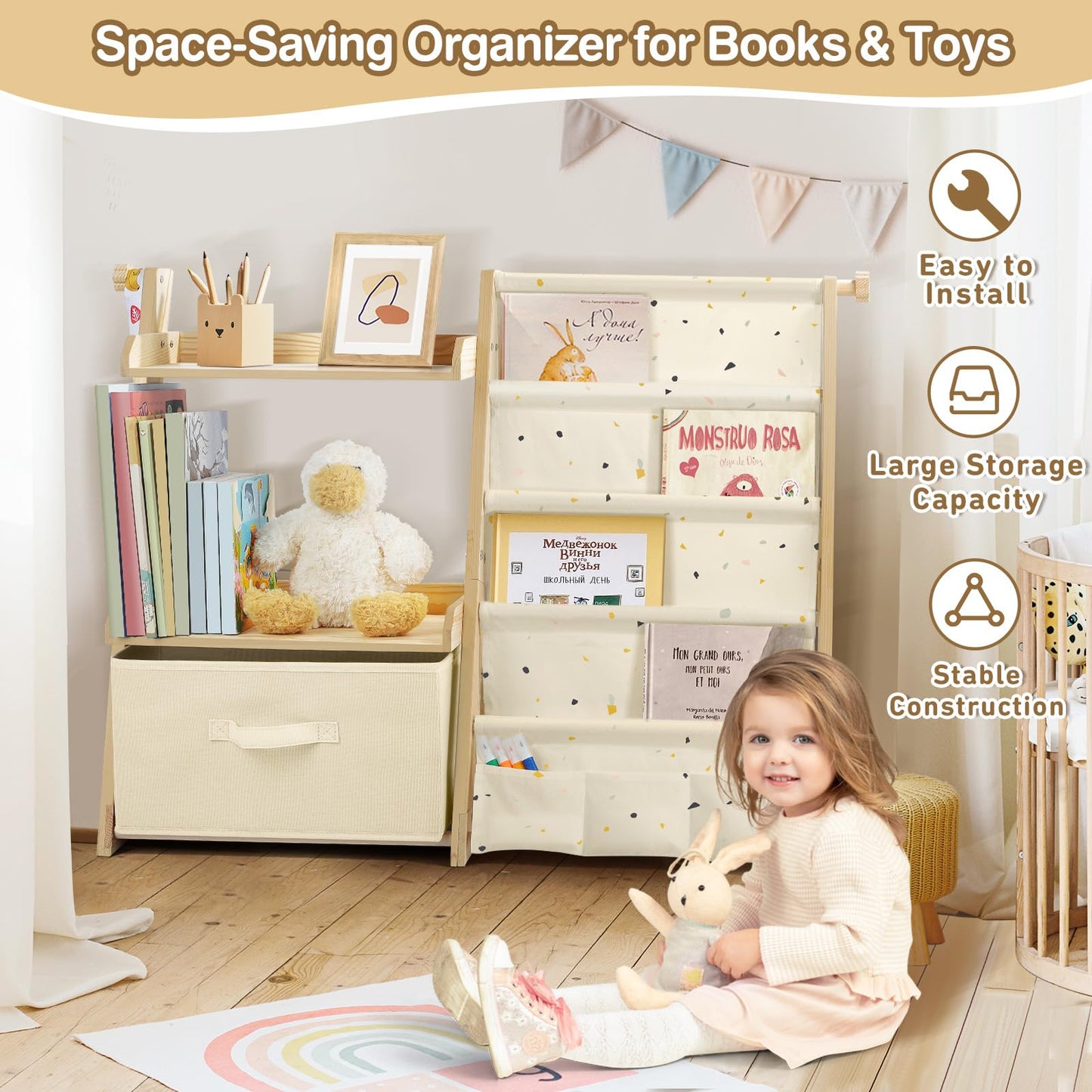 Kids Bookshelf and Toy Storage, Montessori Wooden Children Bookcase and Toy Organizer, 4-tier Toddler Sling Book Shelf with a Large Storage Box for Nursery, Bedroom, Playroom (Terrazzo)