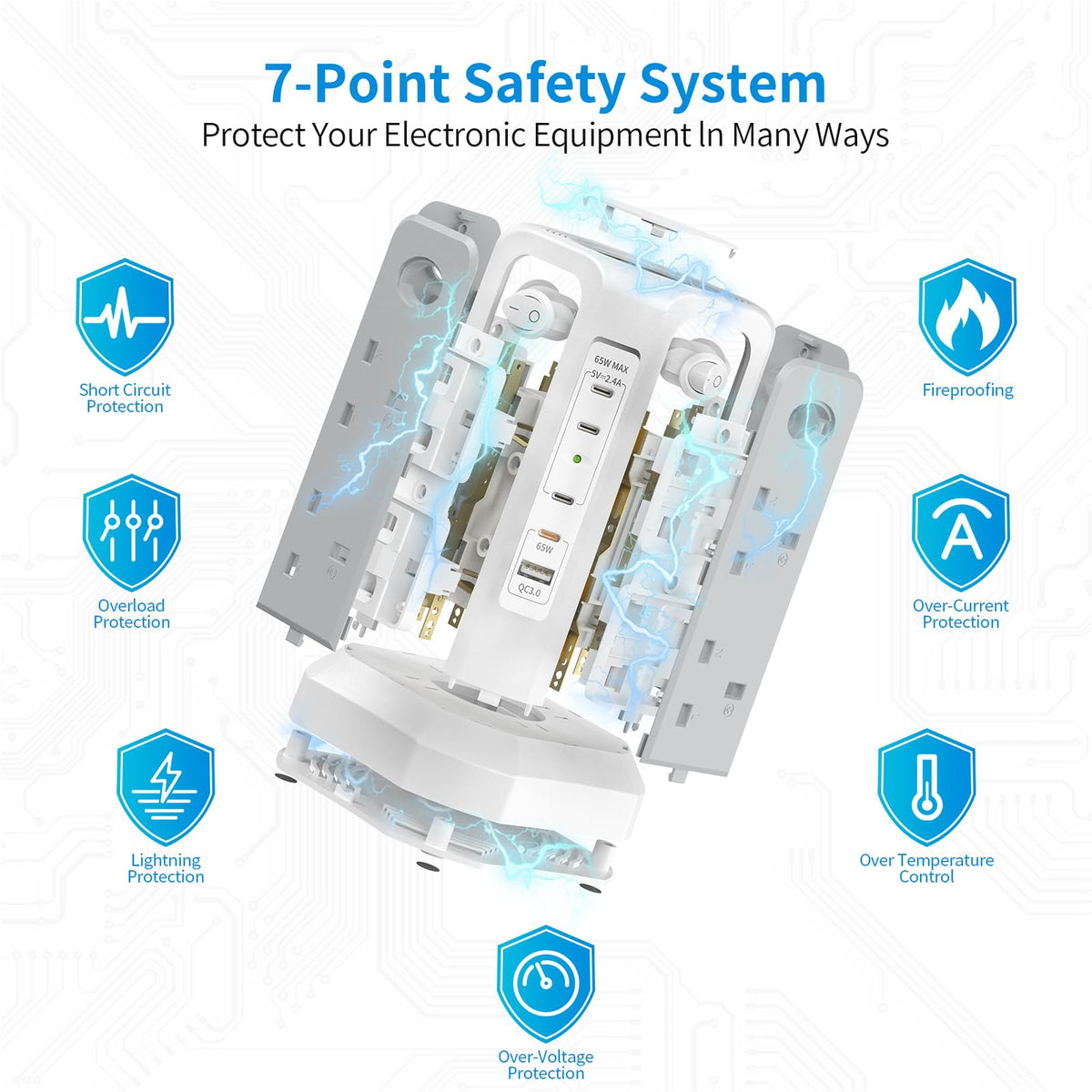 HAFINO Tower Extension Lead 3M with USB Slots and Night Light, 4 Switches
