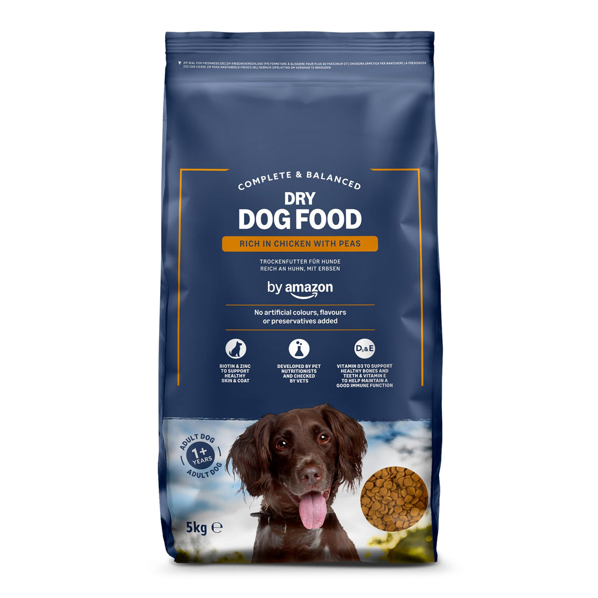 by Amazon - Complete Dry Dog Food for Adult Dogs, Rich in Beef with Peas, 2 Pack of 5kg