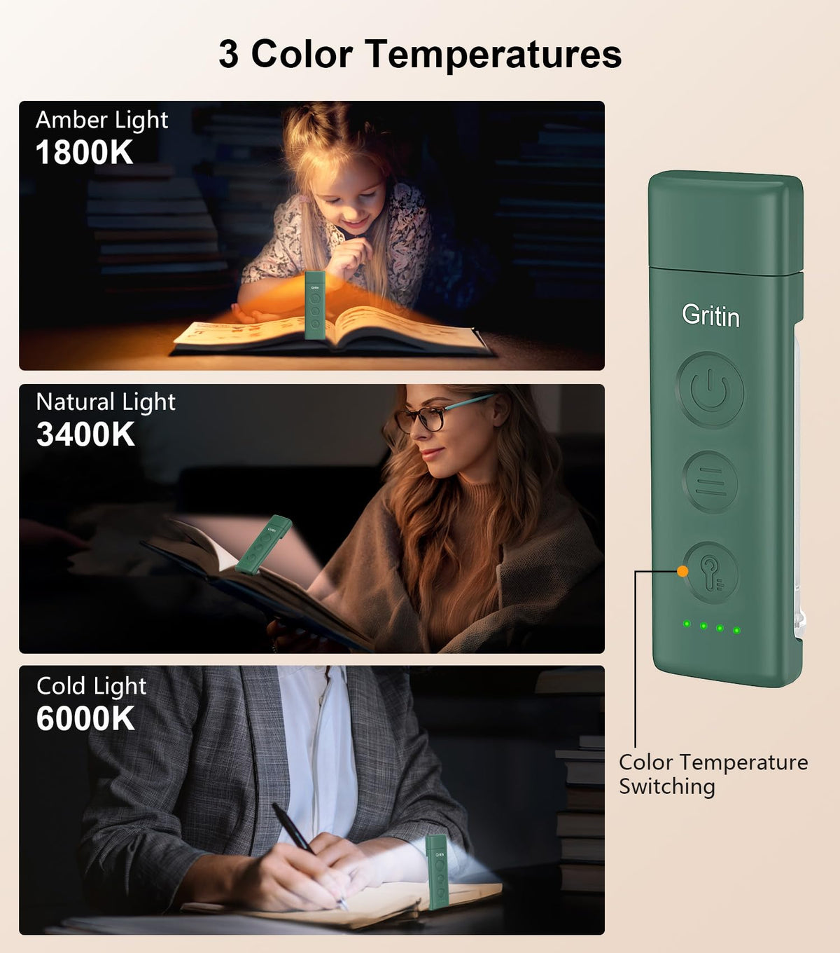 Gritin Book Light Rechargeable, Reading Light Lamp Clip on Book for Reading