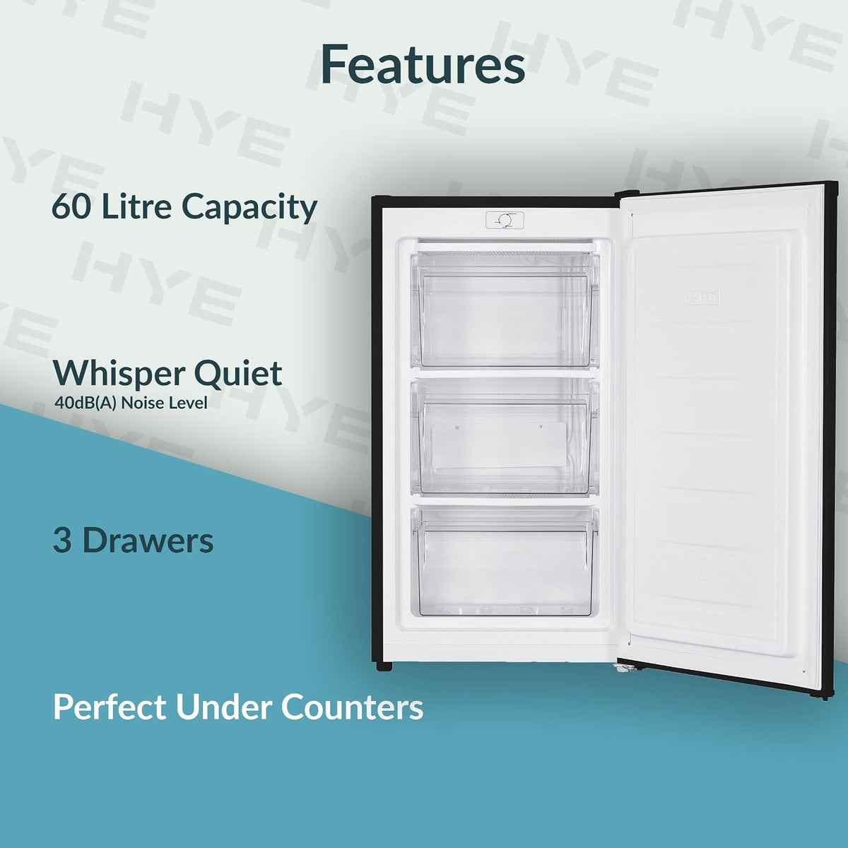 HYE Under Counter Freezer - 60L capacity, 85cm Height, 48cm Width, Black