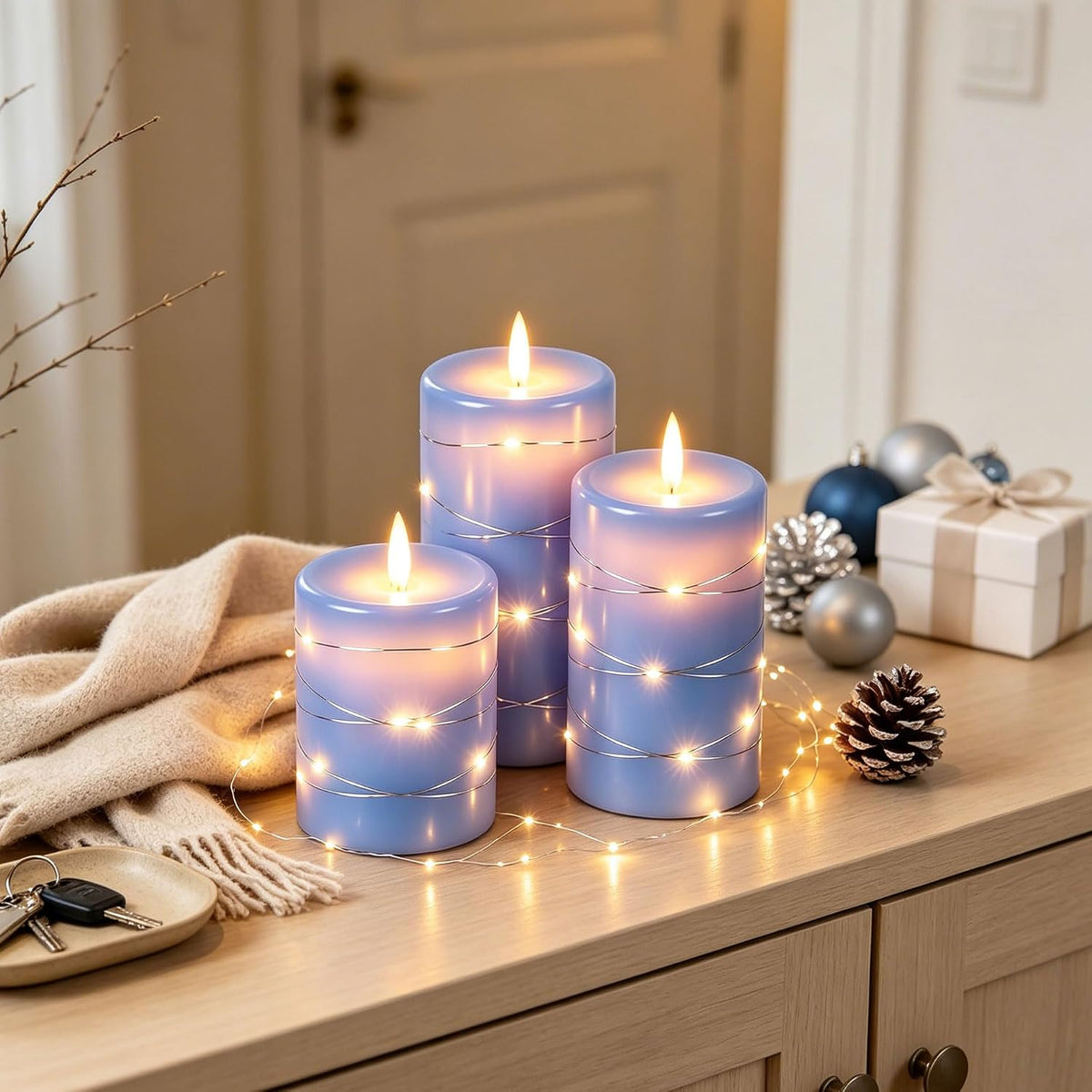 Da by 3 Pack Ivory Flameless LED Candles with Fairy Lights, Realistic Moving Flame Paraffin Wax Candles, Remote Control, Soft Warm Light, 8cm D x 12.5/14.5/16.5cm H, Indoor Wedding Home Decor