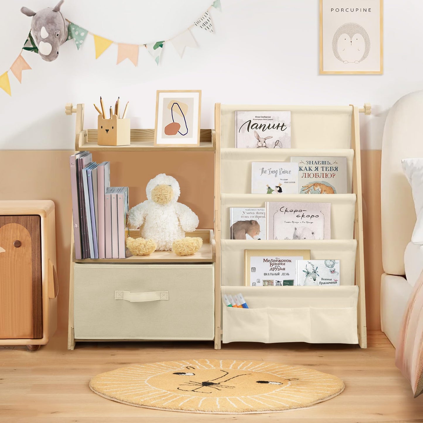 Kids Bookshelf and Toy Storage, Montessori Wooden Children Bookcase and Toy Organizer, 4-tier Toddler Sling Book Shelf with a Large Storage Box for Nursery, Bedroom, Playroom (Terrazzo)