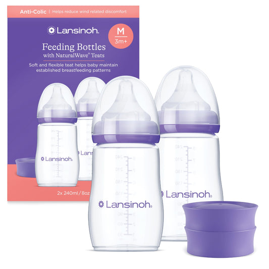 Lansinoh Anti Colic Baby Bottle - 2 Pack 240 ml - NaturalWave® Teats Reduces Nipple Confusion - BPA & BPS-Free Breastfeeding Bottle Feeding Stackable Lid Fridge Freezer Milk Storage Feeding Bottles