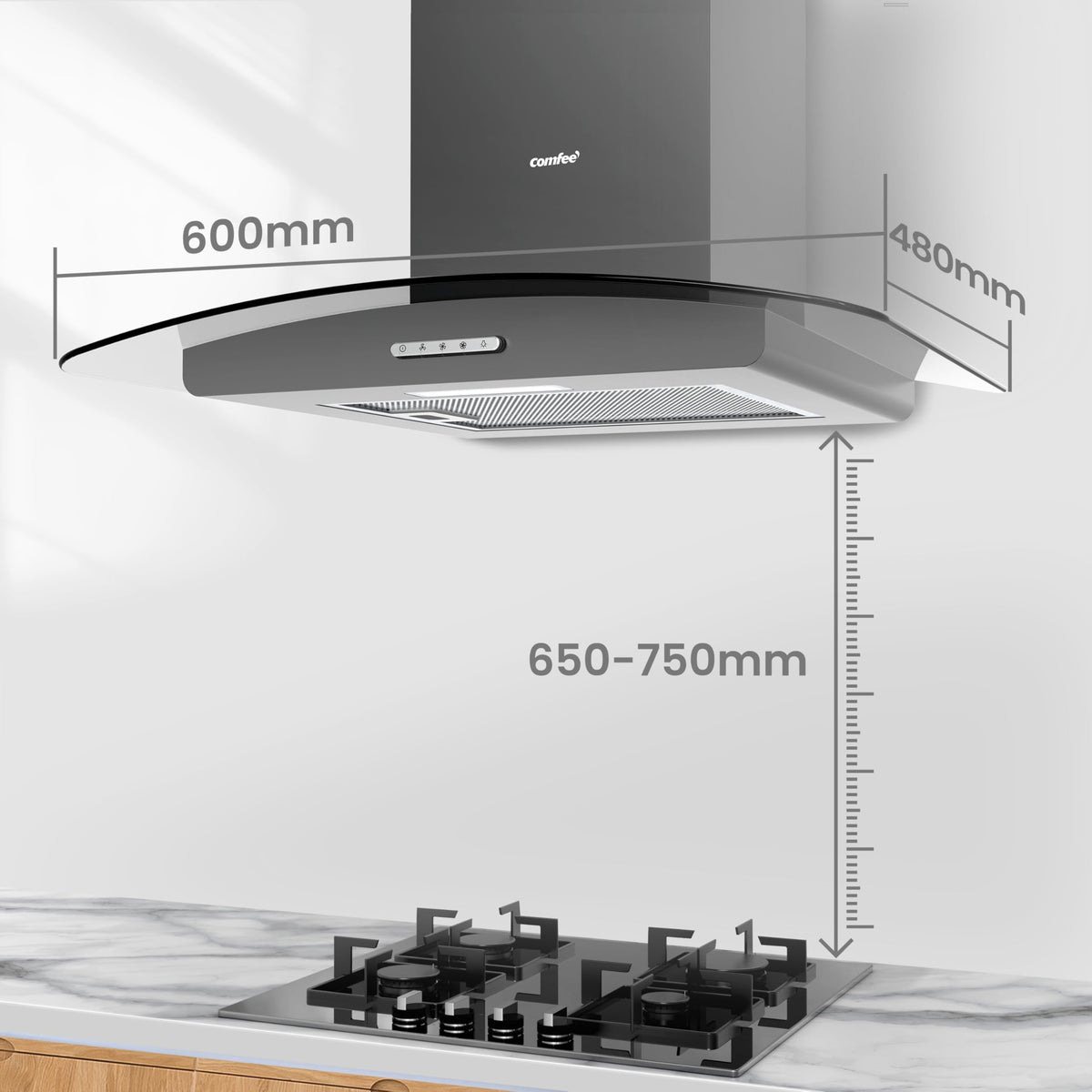 COMFEE' 60cm Cooker Hood, Glass Extractor Hood, Stainless Steel