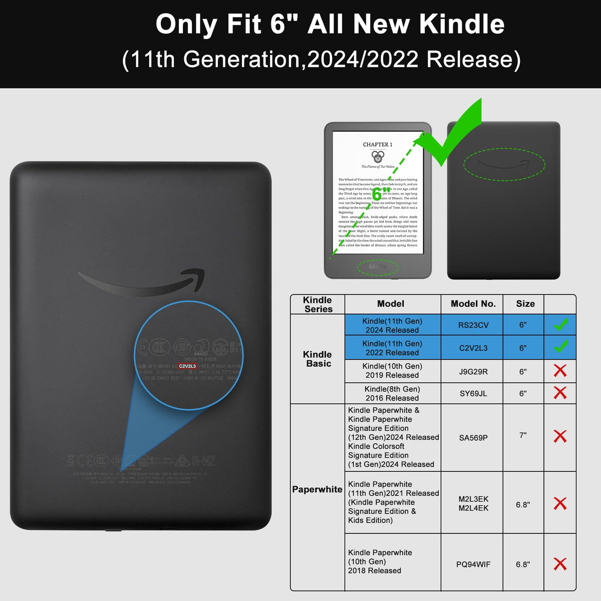 TQQ Case Fits 6" Amazon Kindle 11th Generation 2024 and 2022, Premium Slim and Lightweight Cover, Full Protection, Auto Sleep/Wake, Magnetic Closure (NOT fit Paperwhite or Oasis)