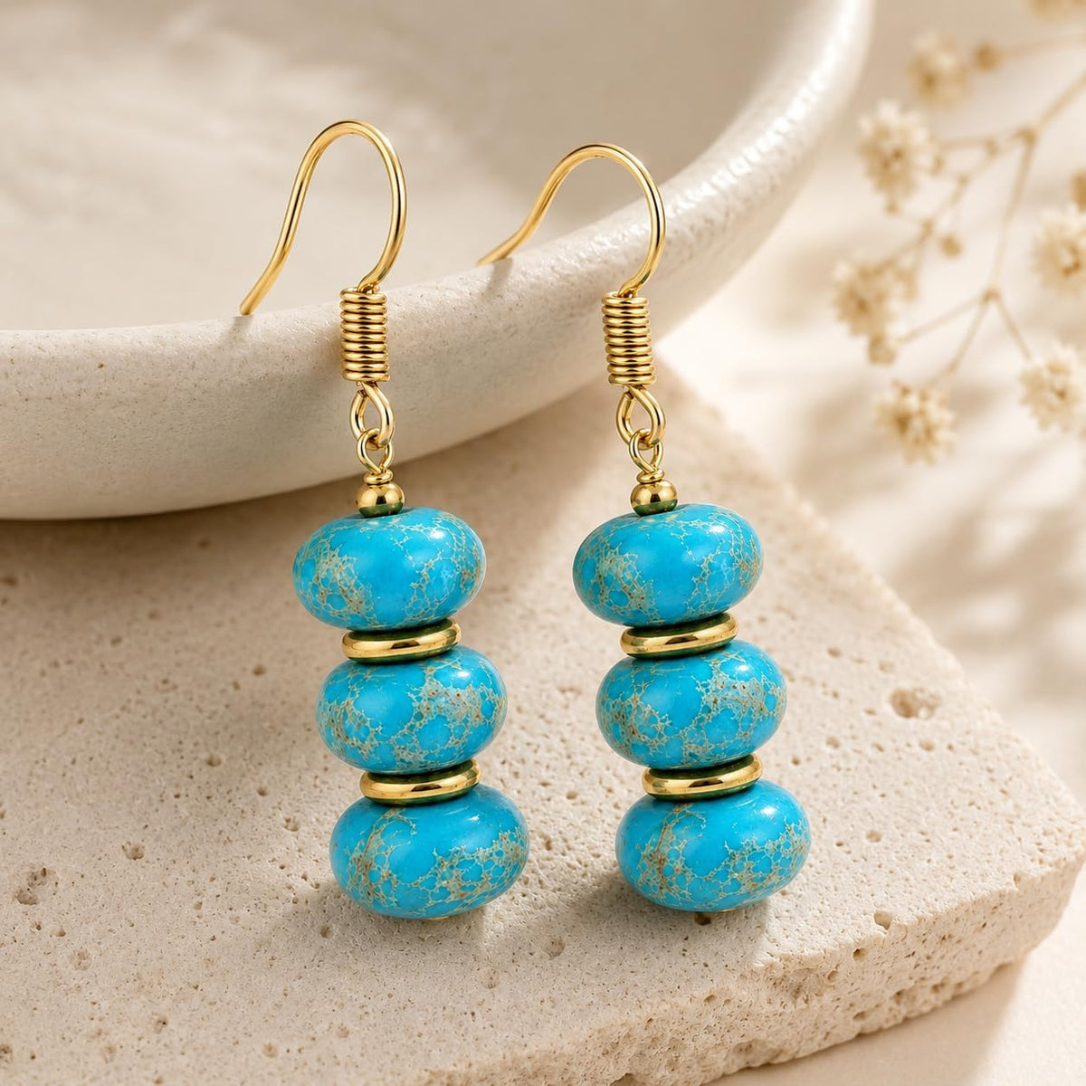 Gempires Natural Gemstone Rondelle Bead Earrings for Women | 8mm Beaded Drop Dangle Earrings | Gold Plated Hypoallergenic Hook Jewelry | Handmade Lightweight Crystal Earrings
