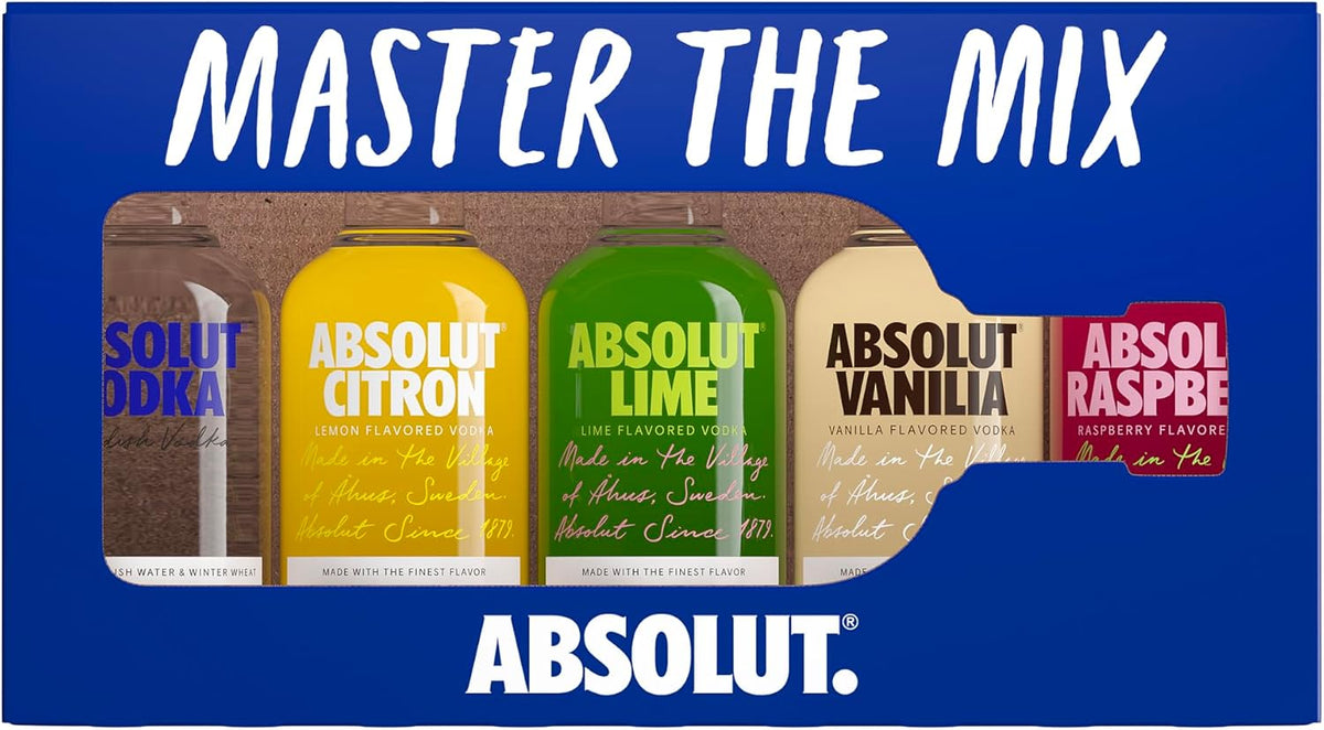 Absolut Mix Miniature Pack with Original, Citron, Lime, Vanilia and Raspberri Flavoured Swedish Vodka, 5 x 5cl