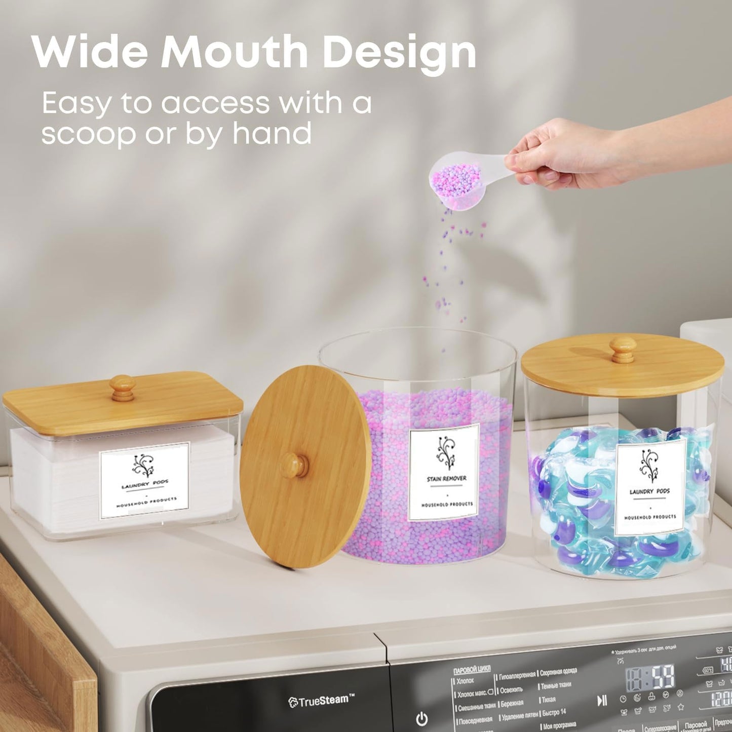 3-Pack Clear Laundry Pods Storage Container with Bamboo Lid, Labels & Scoop – Washing Pods Holder for Powder, Dishwasher Tablets, Scent Booster – Laundry, Bathroom, Kitchen Organization(Square)