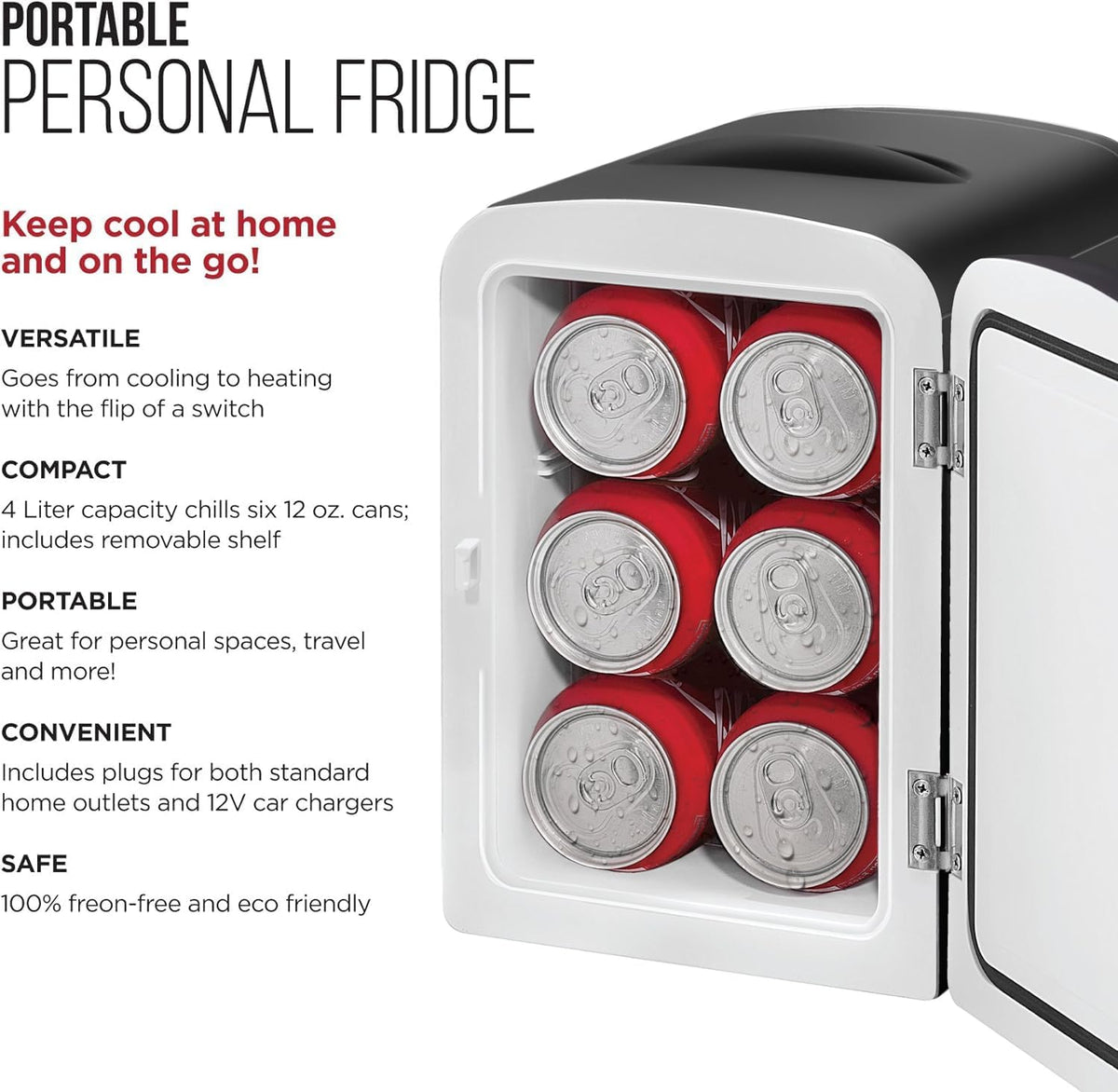 Iceman Mini Portable Eraser Personal Fridge, Cools & Heats, 4 Litre Capacity, Chills 6 12oz cans, 100% Freon-Free & Eco Friendly, Includes Plugs for Home Outlet & 12V Car Charger, Black