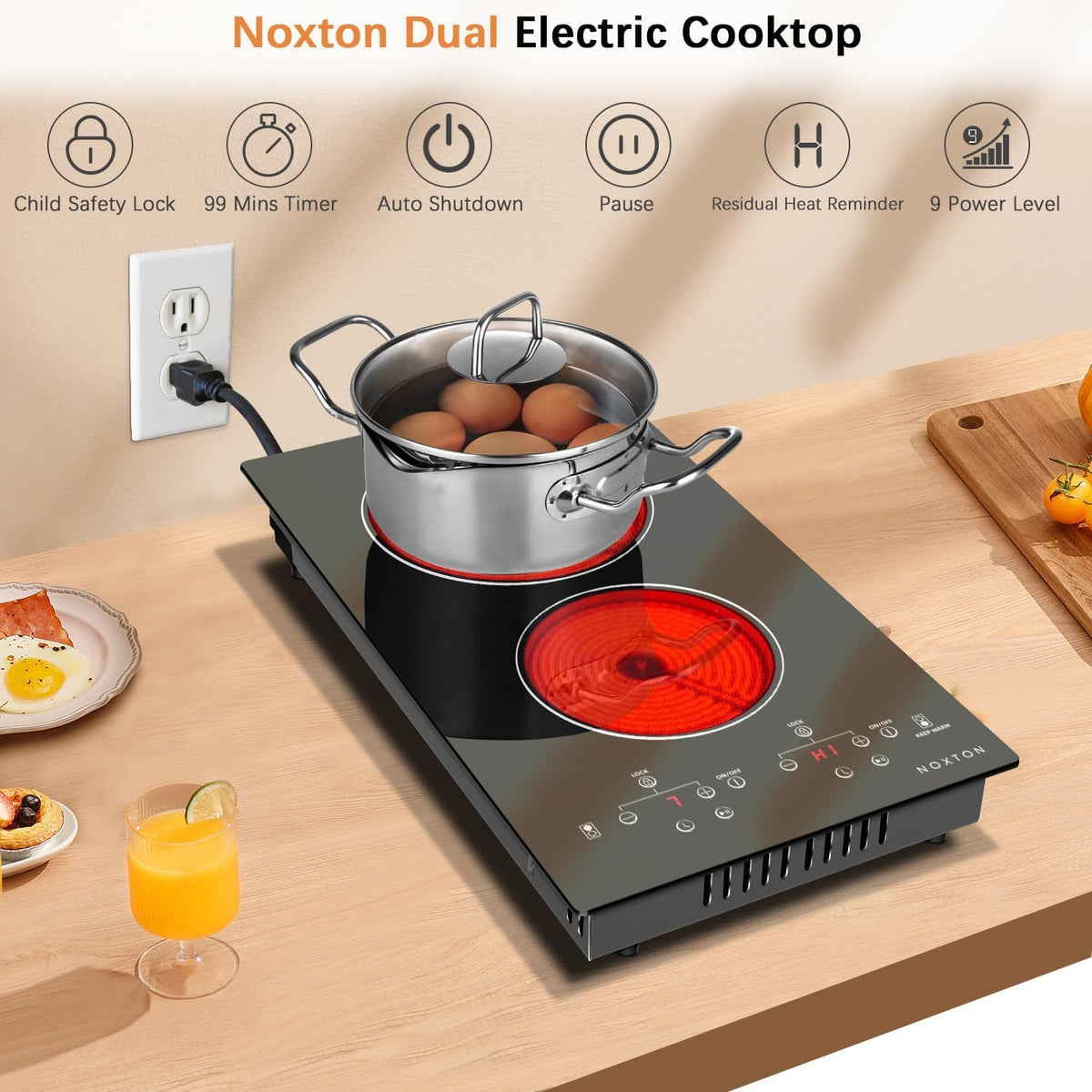 Noxton 2 Zone Ceramic Hob 30cm Electric Hob with Timer, Safe Lock, Pause Coutertop Use Hob with 13AMP Plug 2800W