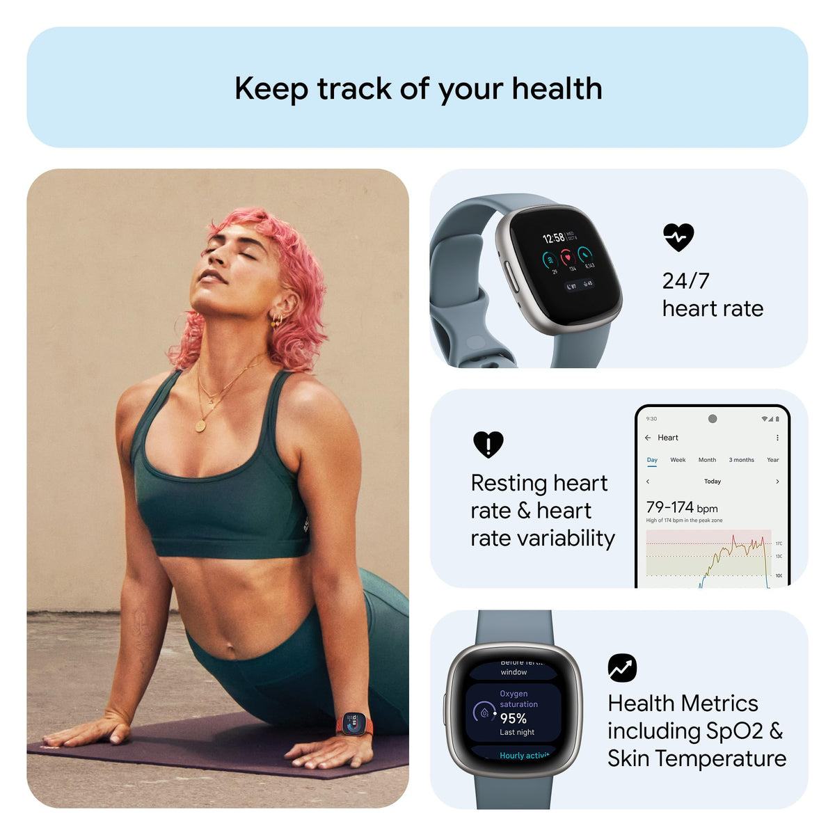 Fitbit Google Versa 4 Fitness Smartwatch with 3 Months Google Health Membership Included and up to 6 days battery life - compatible with iOS & Android, Black/Graphite Aluminium