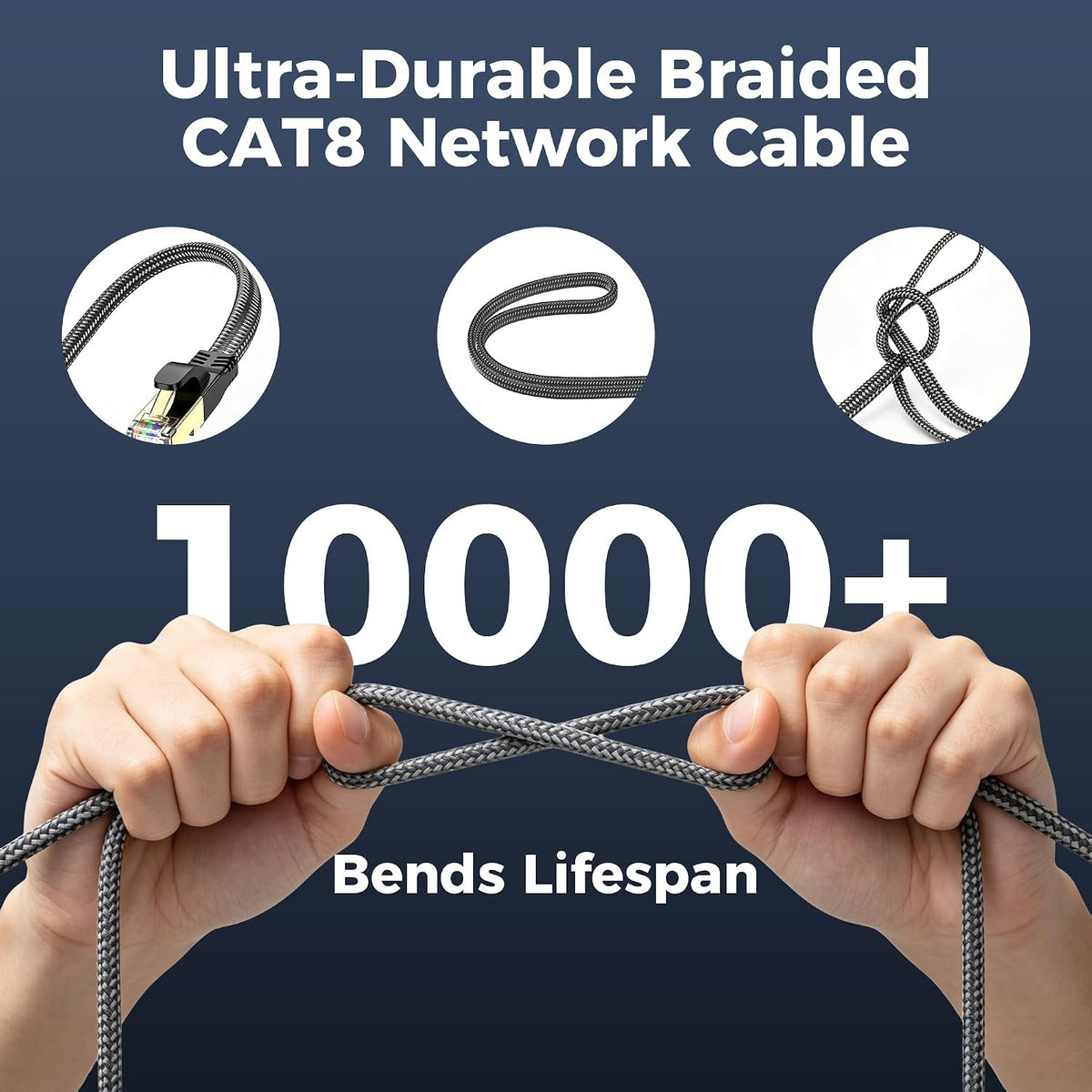 CAT8 Ethernet Cable 2M, 40Gbps 2000MHz Flat High Speed Network Cable, Nylon Braided Shielded, Internet Cable Braided Network Cord RJ45 Indoor LAN Cables Compatible with PS5/Xbox/Router/PC (2M)