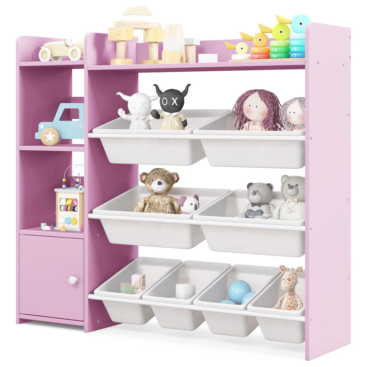 GYMAX Toy Storage Organizer, 4 Tiers Kids Bookshelf and Toy Storage Unit with 8 Bins, Open Shelves and Enclosed Cabinet, Children Bookcase for Playroom Bedroom Nursery (Pink)