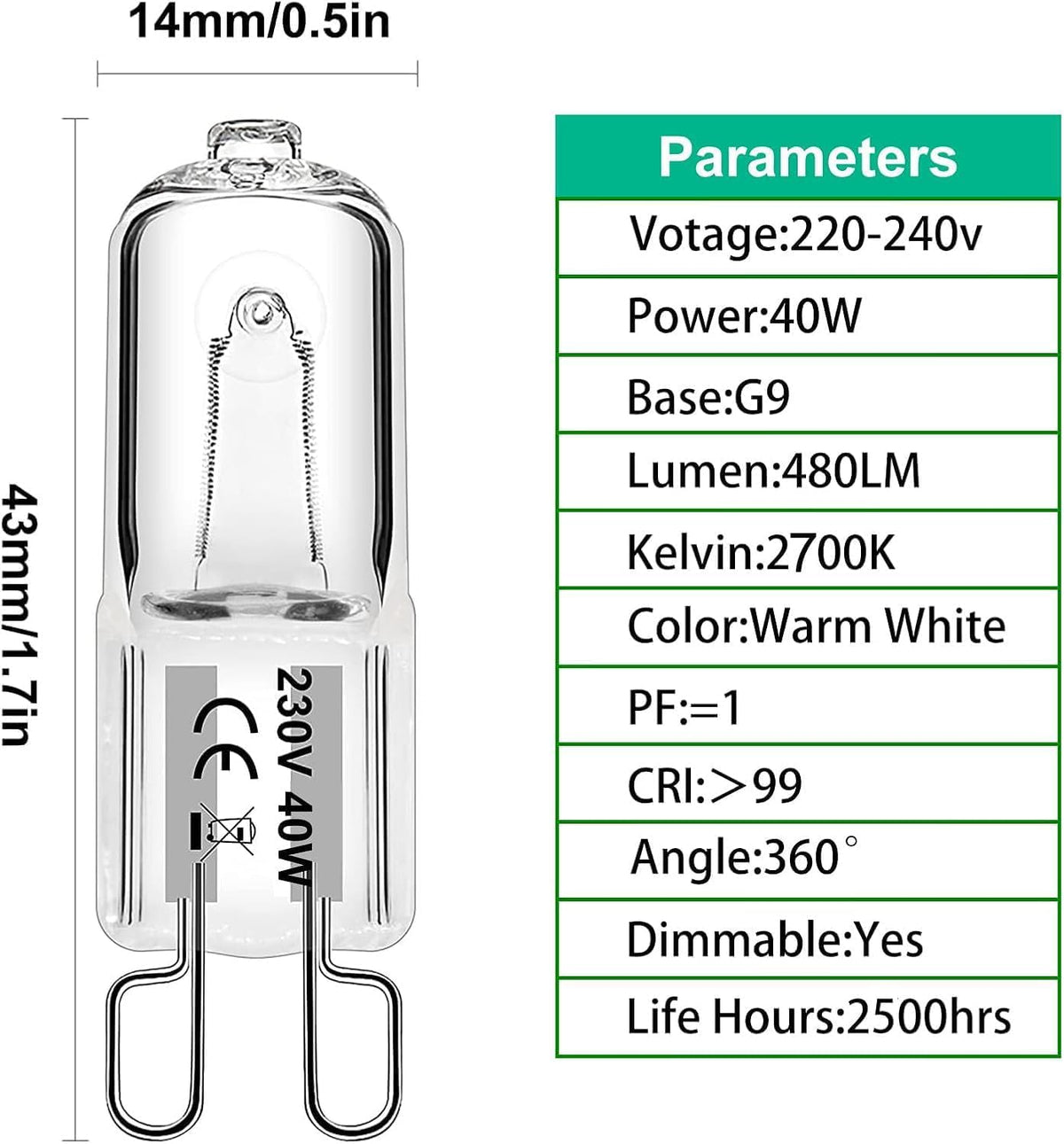 G9 Halogen Light Bulbs, 28W Dimmable Capsule, Warm White 230V 2700K, Non-Flicker - 12 Pack