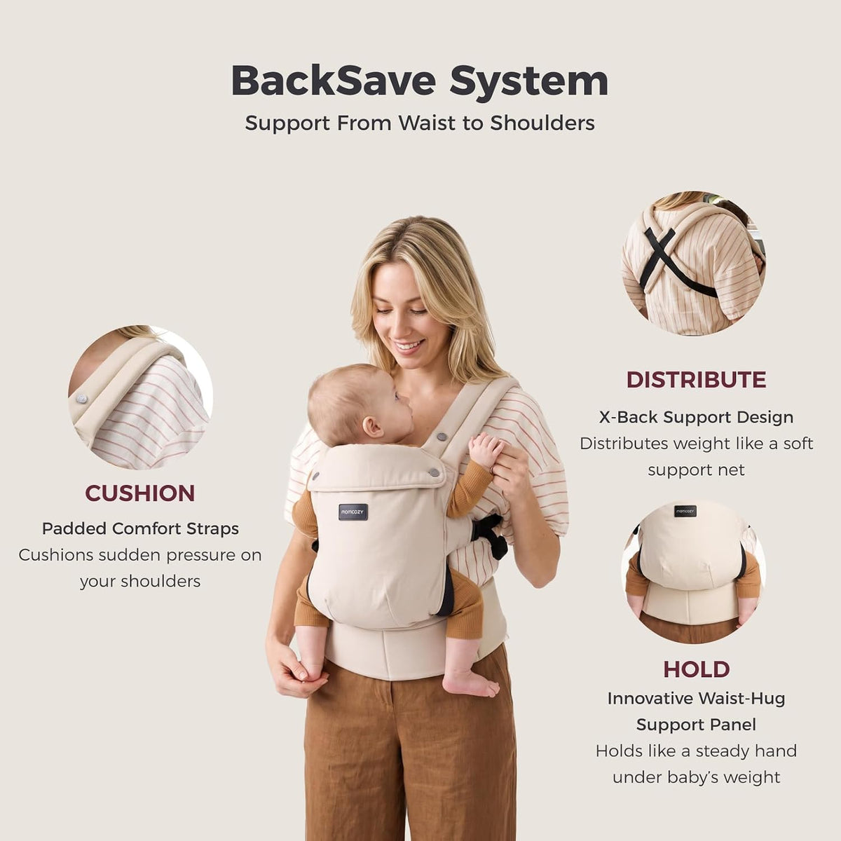 Momcozy Baby Carrier for 3-24M/3.2-20kg, Waist 64-127cm, Cotton Khaki
