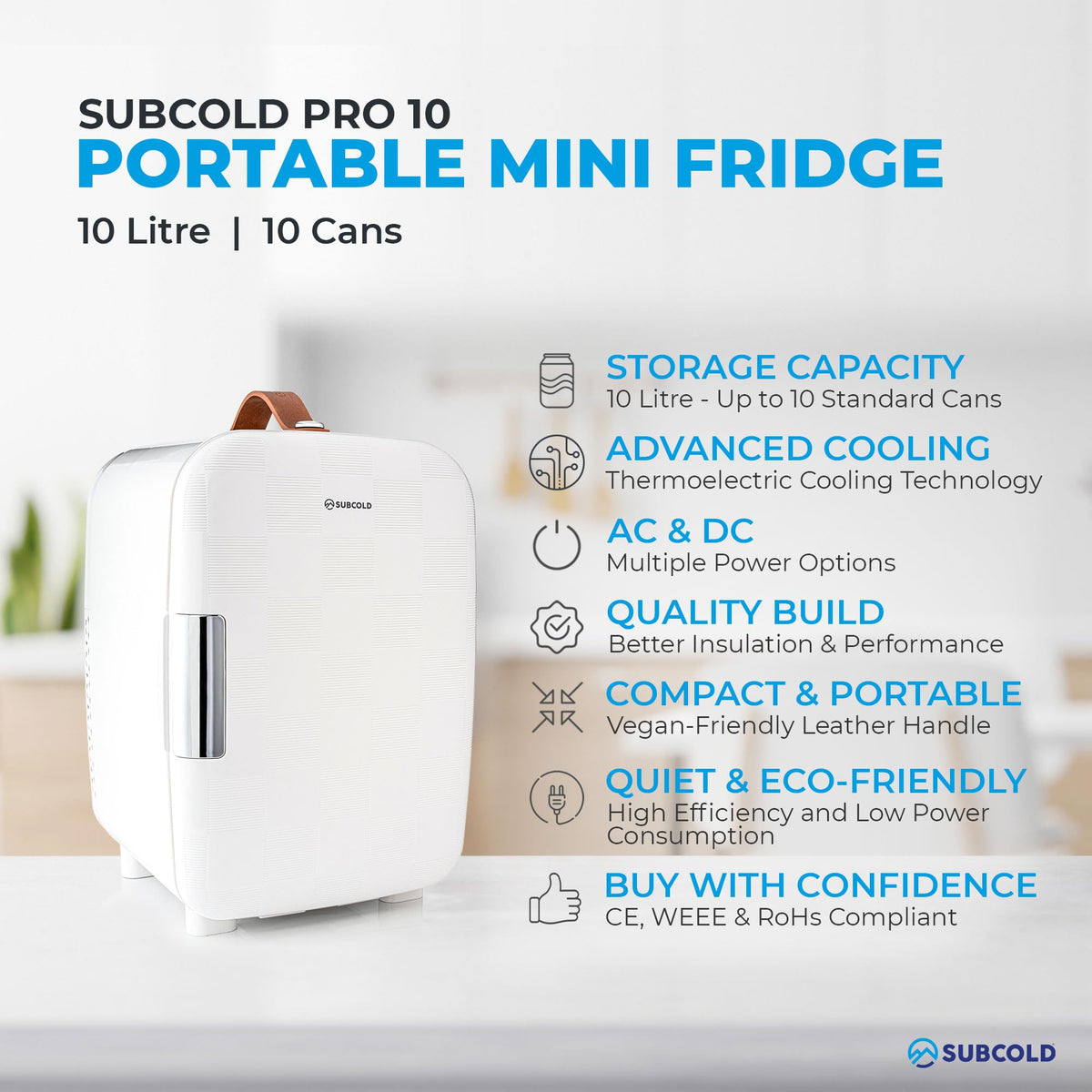 Subcold Pro4 Mini Fridge 4L, Quiet Small Fridge for Bedroom, AC & USB