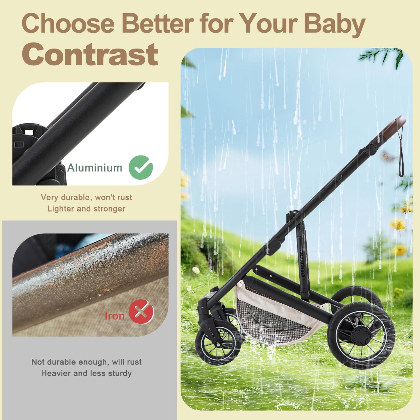 Baby Stroller 3 in 1,Travel Pushchair's Lie-Flat Pram is Foldable, Stroller System Handle is Adjustable, The Wheels are Made of PU Material, Suitable for 0-3 Years-Khaki