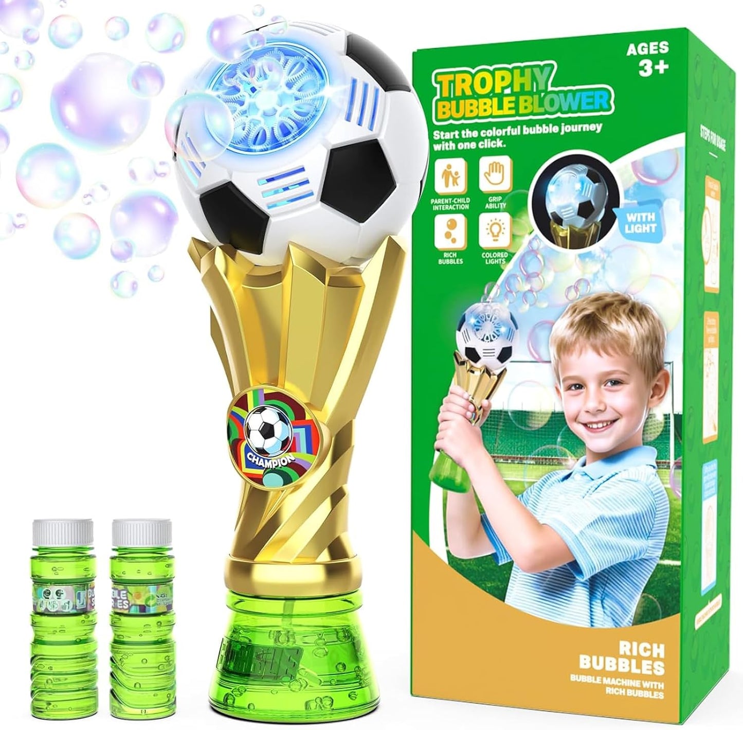 Football Bubble Machine for Kids, Bubble Maker Light Up Automatic Bubble Blower with 2 ×115ml Bubble Solution, Outdoor Indoor Party Garden Wedding Bubble Blaster Gifts for Boys Girls
