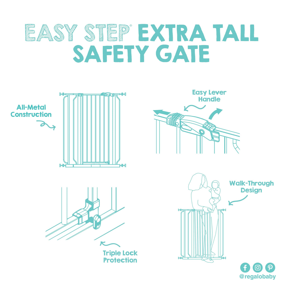 Regalo Safety 91.4cm Extra Tall Baby Gate for Doorways & Bottom of Stairs, Fits Openings 73.6-90cm (Extension Included), Pressure Mounted for Babies, Toddlers & Pets
