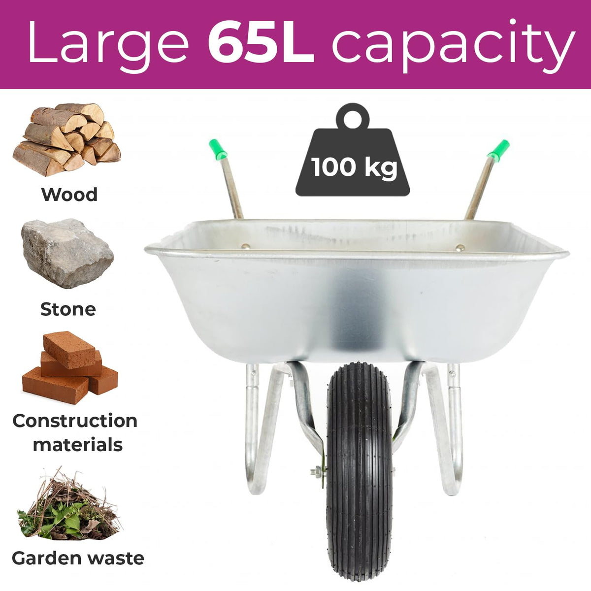 Neo Wheelbarrow Home Garden Cart Galvanised with Pneumatic Tyre (85L) Silver