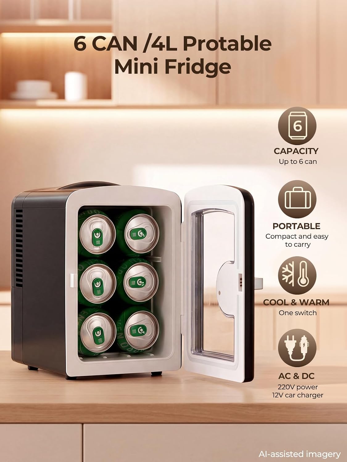 FOHERE Mini Fridge 4L, Portable 220V AC/12V DC Cooler & Warmer, Black