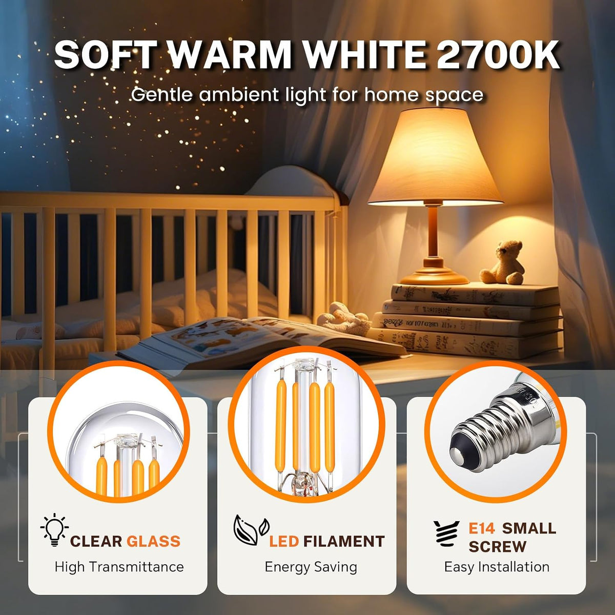 E14 Cooker Hood Light Bulbs Cool White 6000K, 400LM, 230V, T25 LED 4W Replacement for E14 Tubular Bulb 40W 28W, Small Screw Extractor Fan Bulbs, ses Retro Filament LED, Not Dimmable, pack of 2