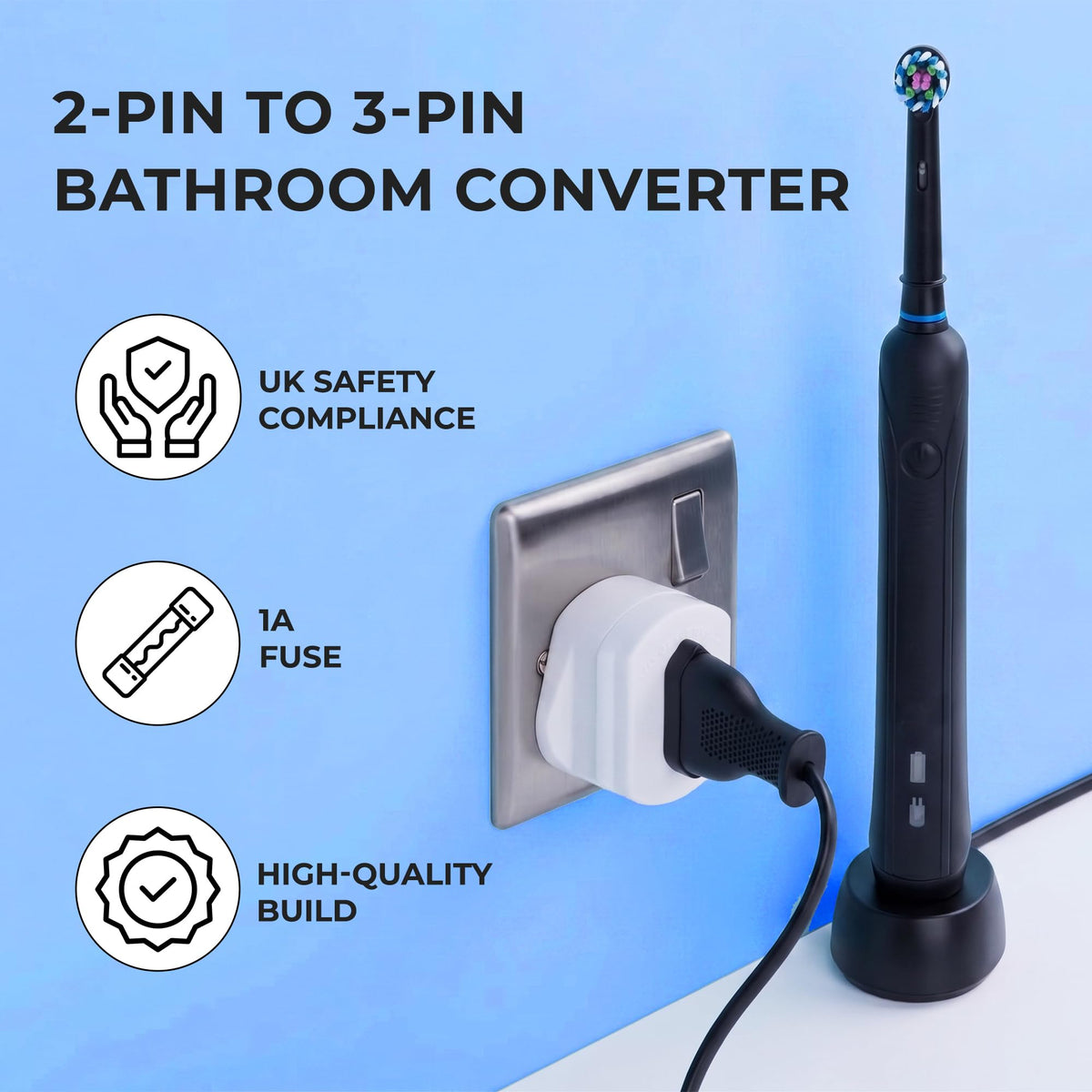 Double Dragon 2-Pack UK Electric Toothbrush & Shaver Plug Adapter | 2-Pin to 3-Pin Bathroom Converter | Supports UK EU Round & US Flat 2-Pin Plugs | 1A Fused | Compatible with Oral-B, Braun, Philips