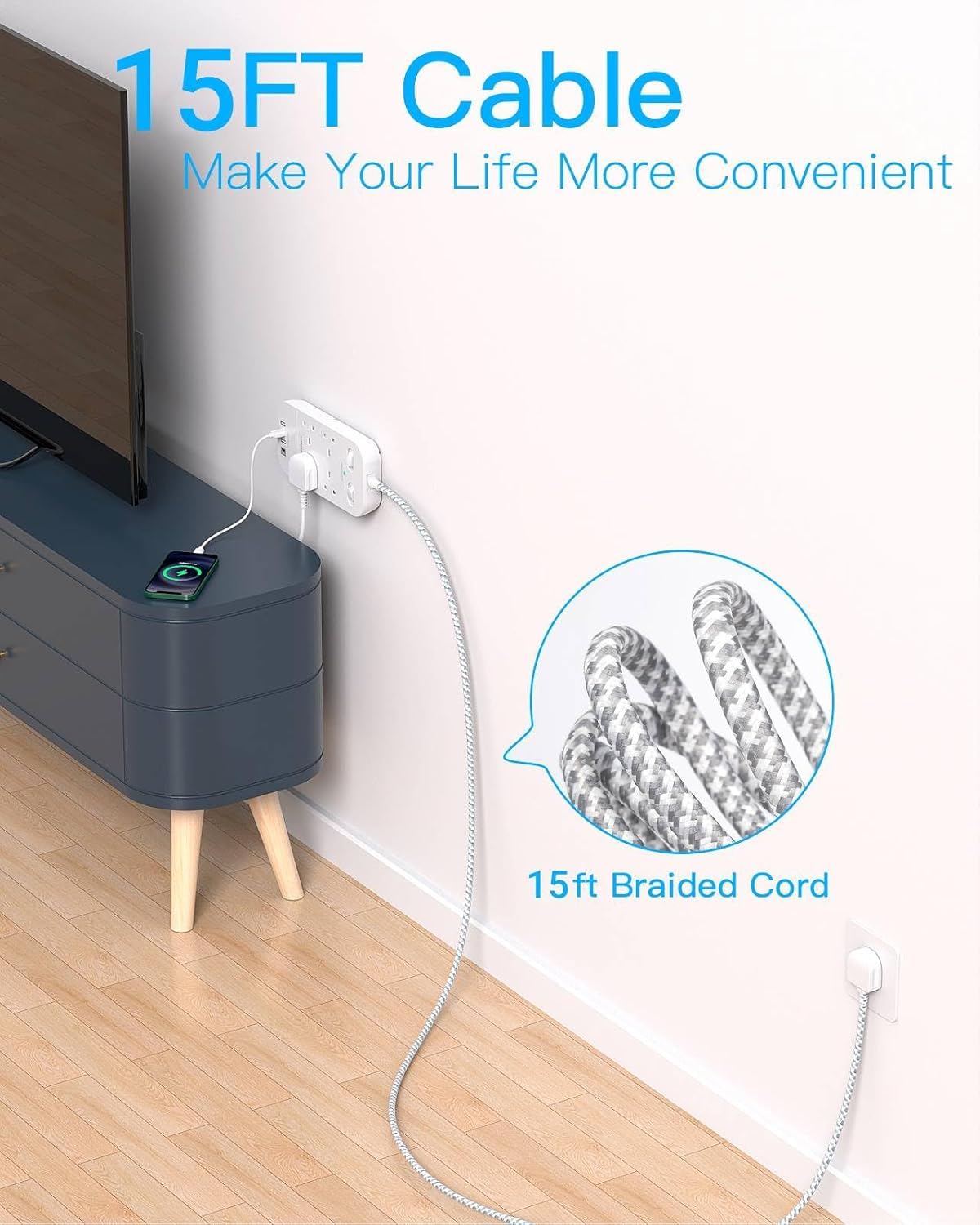 5M Extension Lead Surge Protected, 4 Way Outlets with 2 USB C & 2 USB A