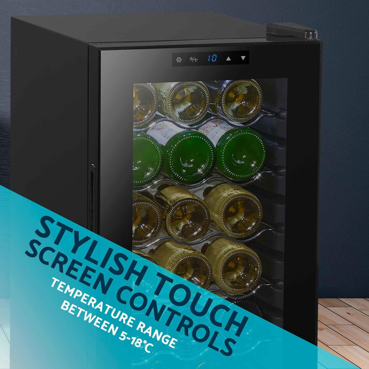 Dellonda Baridi 12 Bottle Wine Fridge with Digital Touch Screen Controls, Metal Shelves & LED Light, Black - DH73