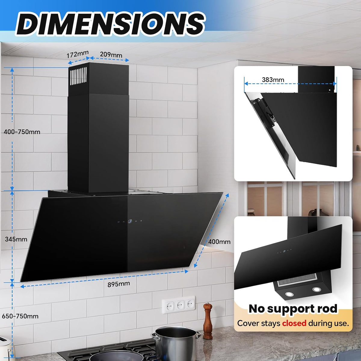 TopStrong Cooker Hood 90cm, 600 m³/h Extractor Fan kitchen, Wall-Mounted Extractor Hood, A++ Energy Efficiency, Touch Control, 58 dB, Recirculating & Ducting System, Black