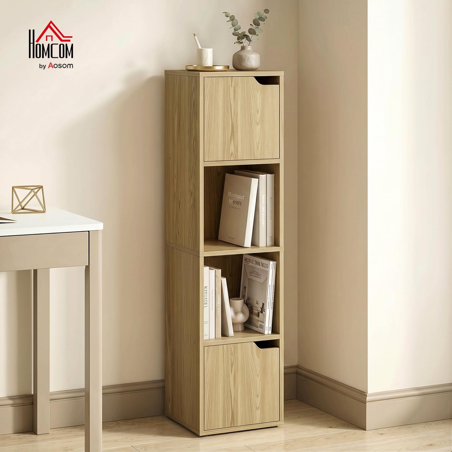 HOMCOM Bookcase with 2 Cabinets and Doors, 4-Tier Bookshelf, Storage Cabinet with Open Shelves and Anti-Tipping Design, for Living Room, Bedroom, Home Office, White