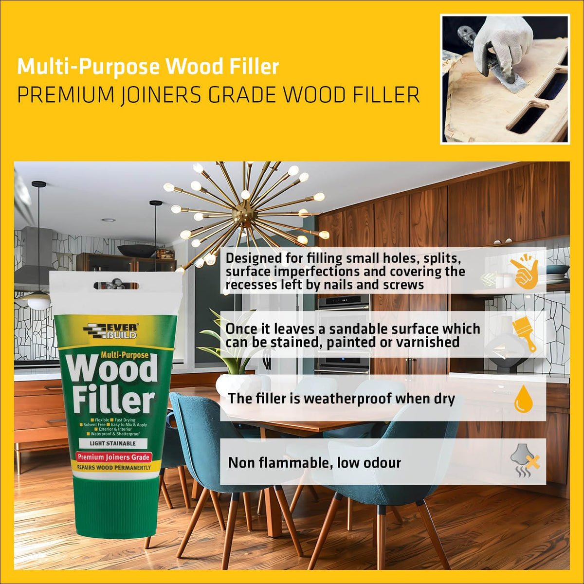 Everbuild Multipurpose Wood Filler – Suitable for Indoor and Outdoor Use – Sandable – Light Oak – 250ml