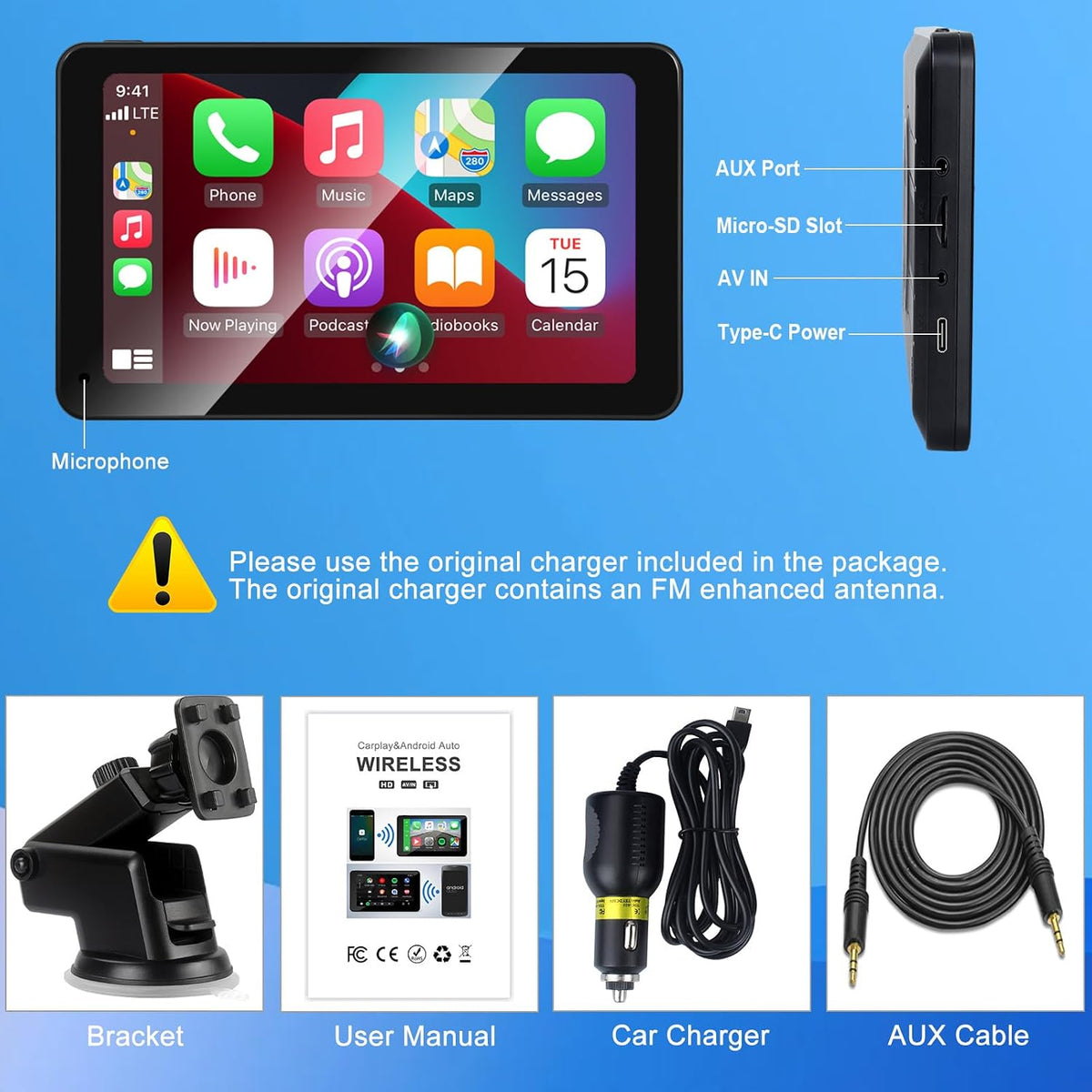 Wireless CarPlay Android Auto Screen, Car Stereo for CarPlay 7" HD Touch Screen Portable Navigation AirPlay Video Music Player Bluetooth WiFi, Voice Control, Mirror Link