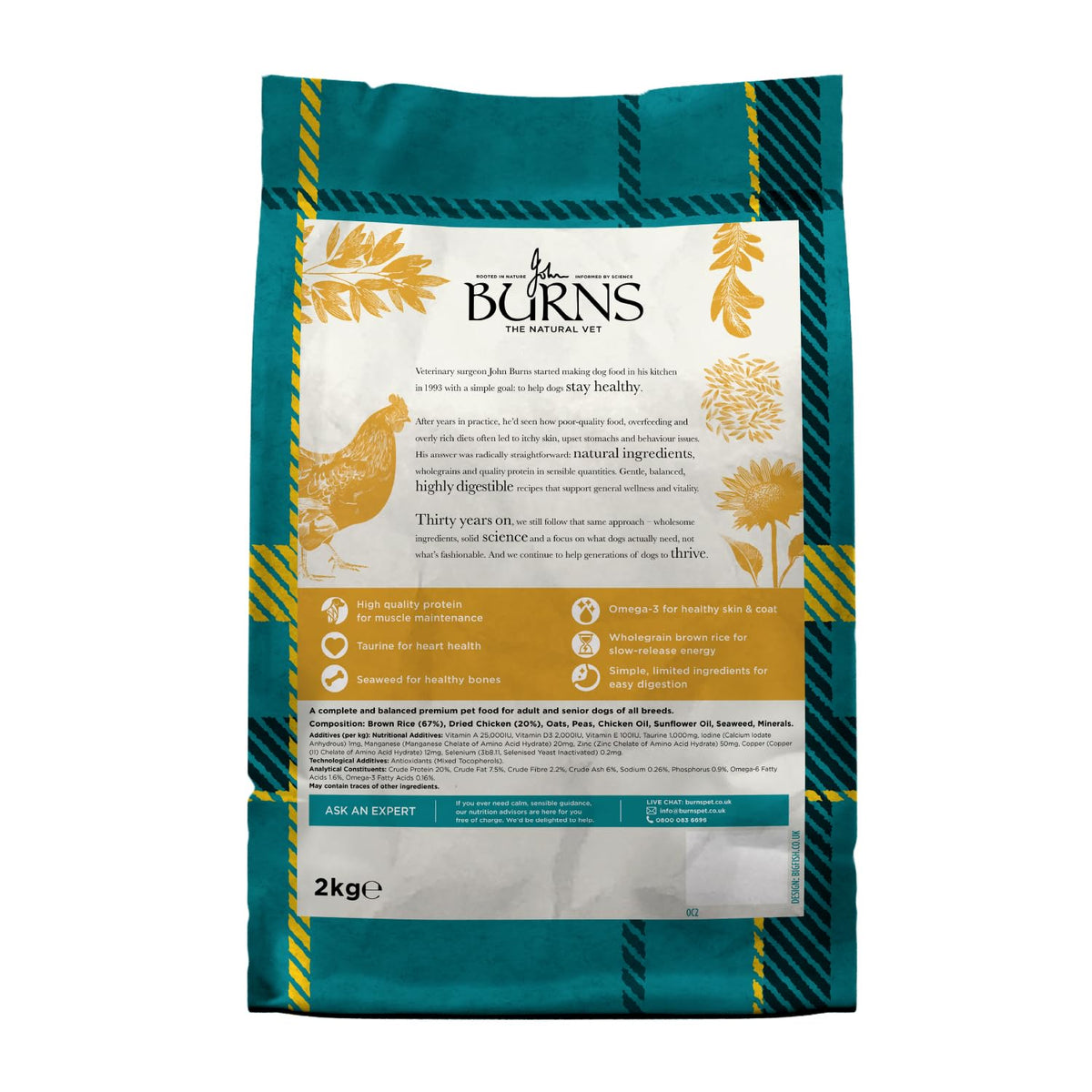 Burns Pet Nutrition Hypoallergenic Complete Dry Dog Food Adult and Senior Dog Original Chicken and Brown Rice 12 kg