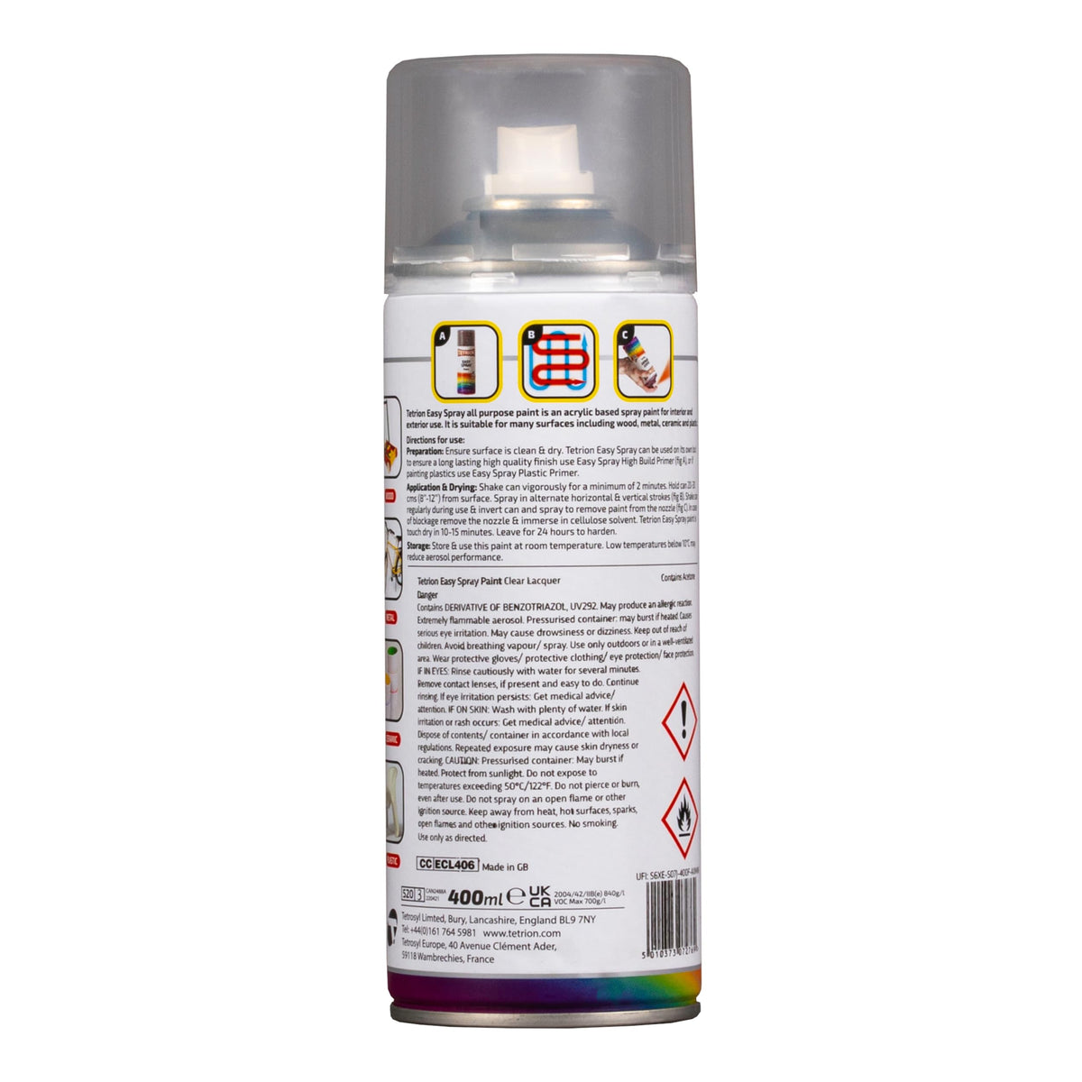 Tetrion Clear Lacquer Spray 400ml - All Purpose Protective Topcoat for Interior & Exterior Uses, Temperature Resistant