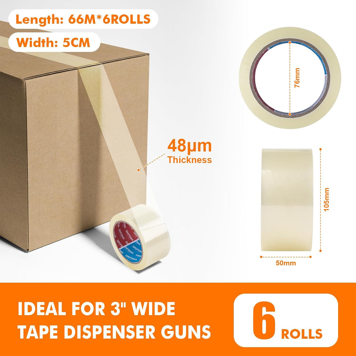 GRIFEMA GA4003-6 Clear Low Noise Packing Tape 50mm x 66m 6 Rolls