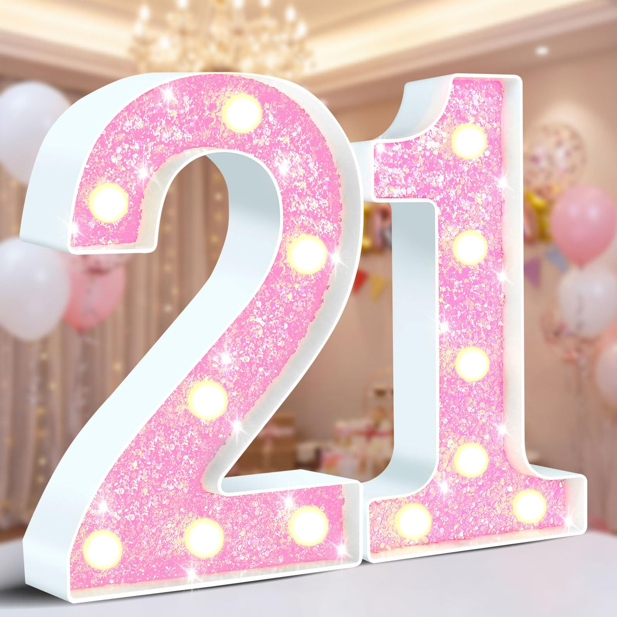 Ledido Pink Glitter Light Up Number 80 for 80th Birthday Decorations