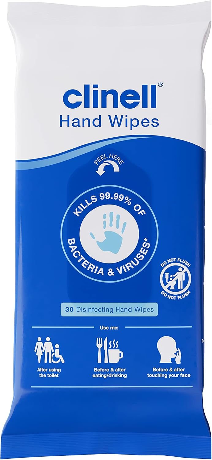 Clinell Antimicrobial Hand Wipes - Sanitising for Cleaning & Disinfecting, Travel-Friendly - Dermatologically Tested, Kills 99.99% of Bacteria & Viruses - Pack of 30, Blue