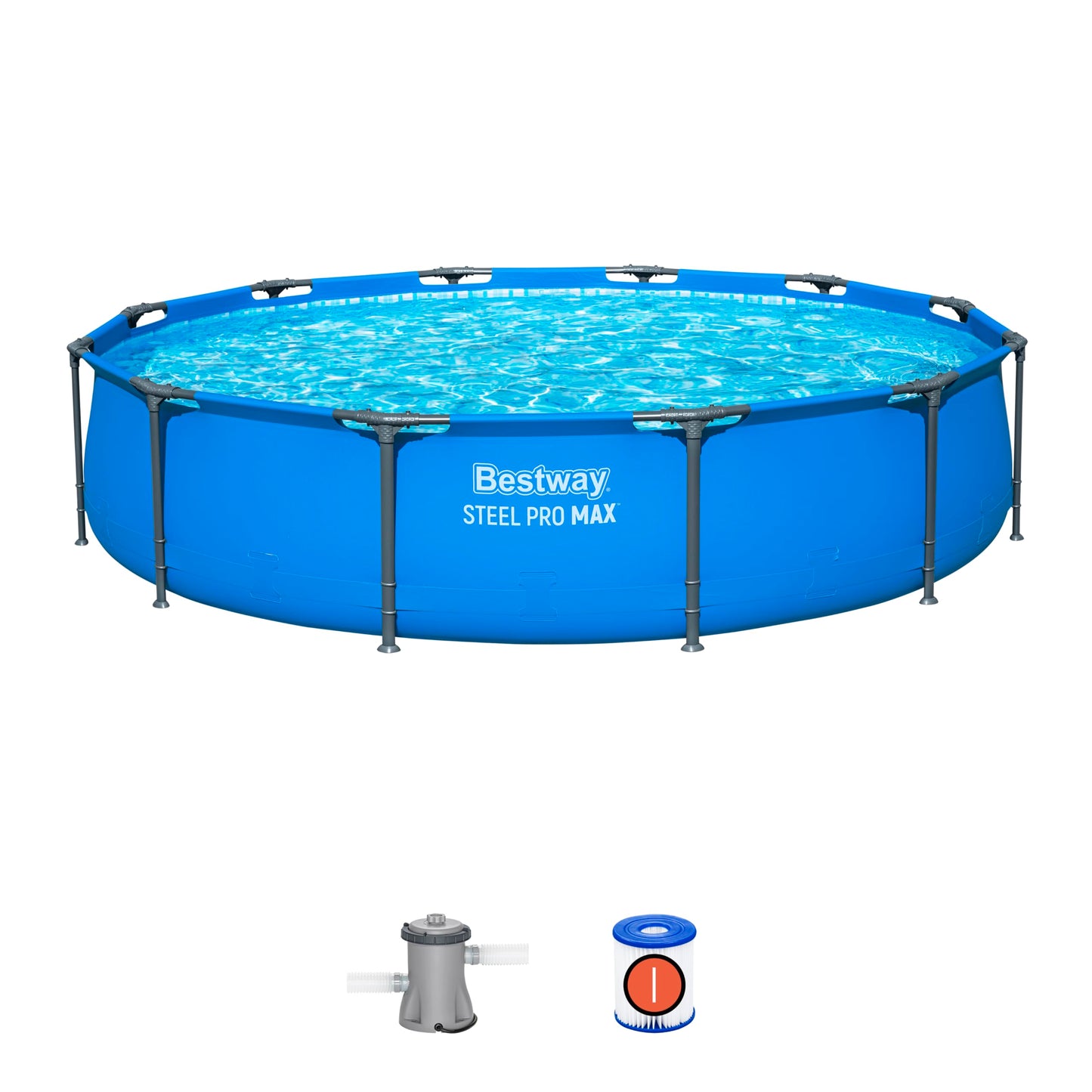 Bestway Steel Pro Round Frame Swimming Pool 12 ft with Filter Pump, 366 x 76 cm Above Ground Pool, Tri Tech Durable Liner, Rust Resistant Steel Frame, Easy Setup Garden Pool - Blue