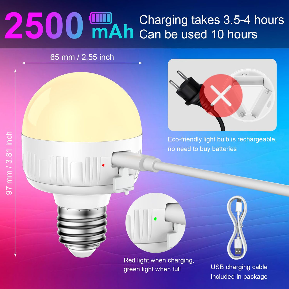 LGMCF E14 Rechargeable Light Bulb, 8W, 3 Colors, Timer, Dimmable, 2 Pack