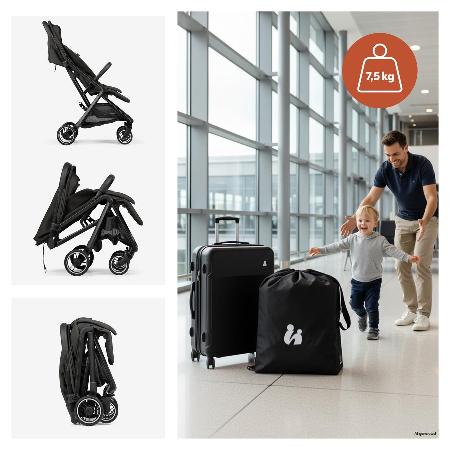 Hauck Fly N Care, Sage Green - Ultra Compact & Light Travel Pushchair (7.5kg) with One Hand Fold, Carry Strap & Bag, Seat Liner, Car Seat Adapter, UPF 50+ Sun Canopy, Fully Reclining Birth to 22 kg