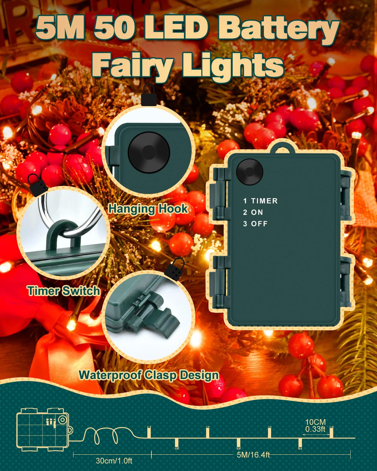 Dalugo Halloween Decoration Lights, 5M 50 LED Orange Purple White Fairy Lights with Timer, IP65 Waterproof Battery Powered Lights for Indoor Outdoor Autumn Halloween Decorations(Green Wire)