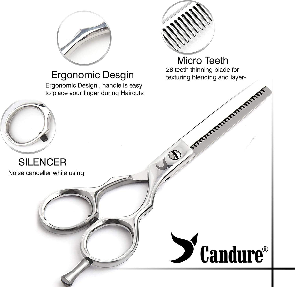 Candure Hairdressing Scissor with Comb & Leather Pouch 6.5" - Hair Scissor for Professional Hairdressers, Barbers Stainless Steel Hair Cutting Shears for Salon, Men, Women, Children and Adults Black