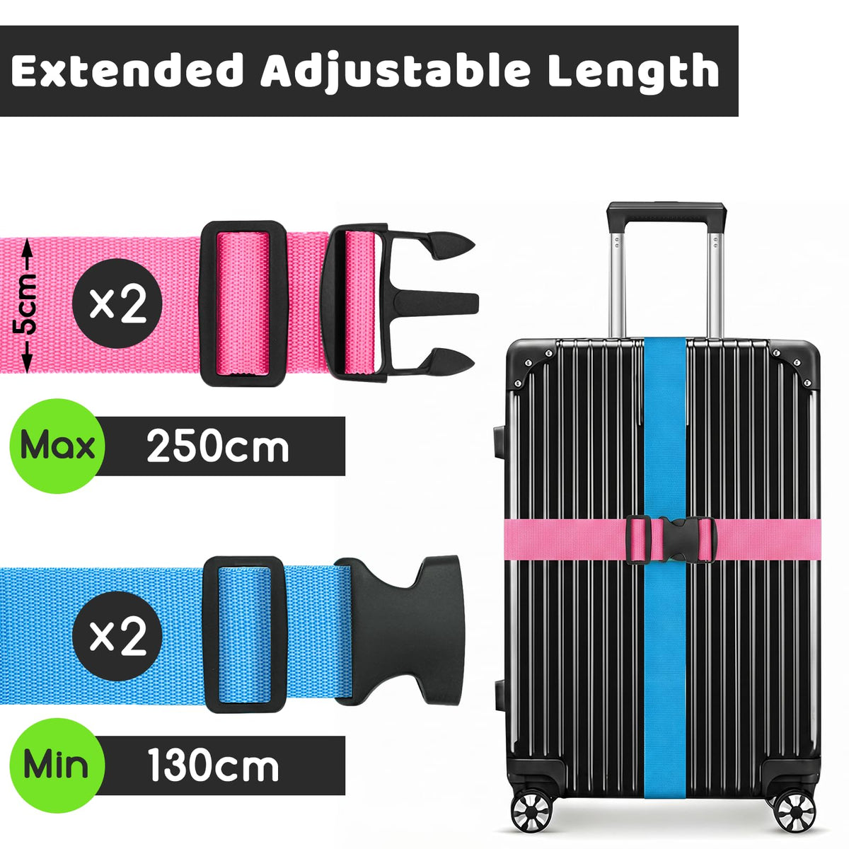 WISYOK Luggage Straps Extended, 4 Pack, 130-250cm Adjustable, Blue Orange