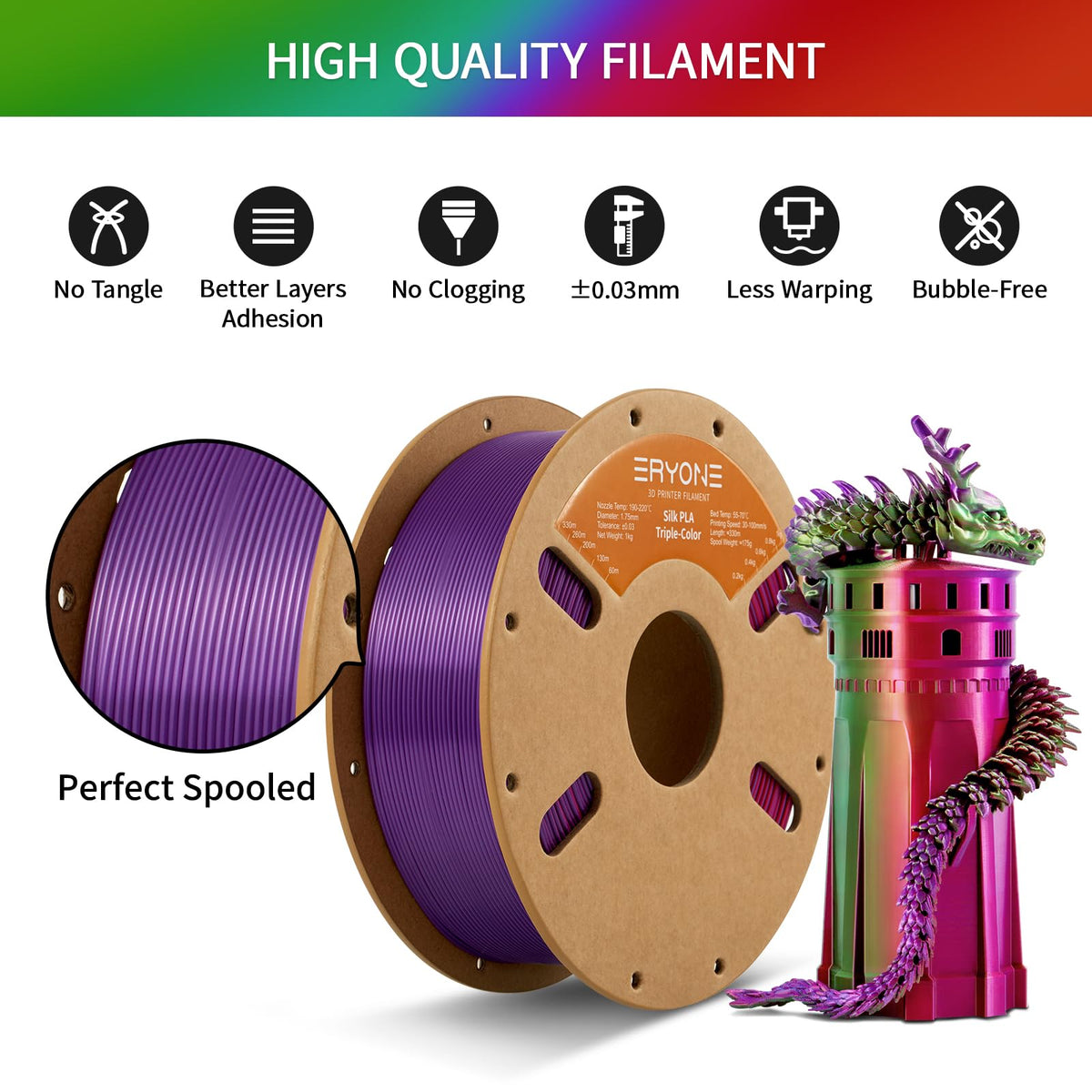 ERYONE Silk PLA Filament 1.75mm,3D Printer Filament PLA,Shiny Glossy PLA Filament,+/-0.03mm,1kg(2.2lbs)/Spool,Silk Liquid Gold